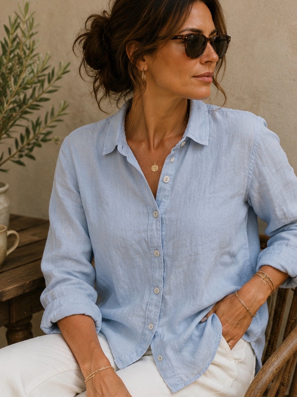 FLAX 100% Linen Button Down Shirt M Powder Blue Lagenlook Coastal Minimalist